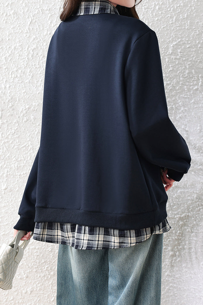 Casual Plaid Collared Layered Look Long Sleeve Sweatshirt - liwisi