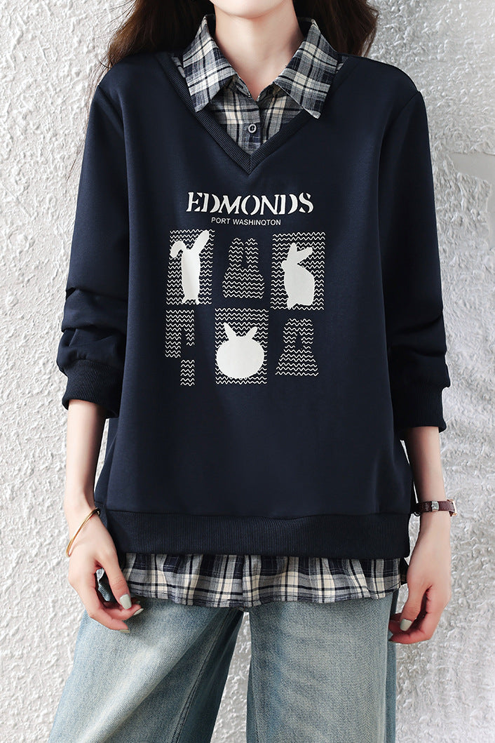 Casual Plaid Collared Layered Look Long Sleeve Sweatshirt - liwisi