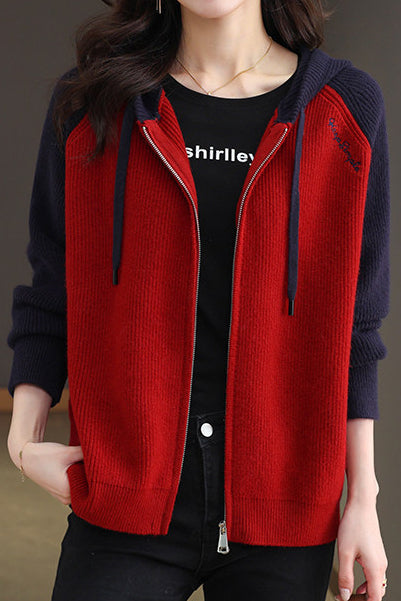 Casual Hooded Colorblock Drawstring Knit Cardigan - liwisi