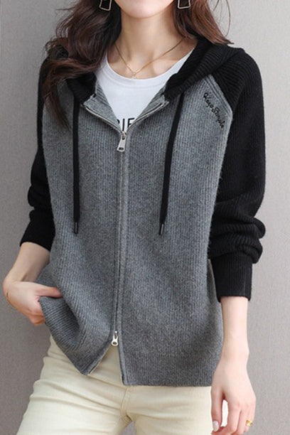 Casual Hooded Colorblock Drawstring Knit Cardigan - liwisi