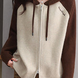 Casual Hooded Colorblock Drawstring Knit Cardigan - liwisi