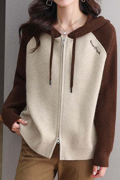 Casual Hooded Colorblock Drawstring Knit Cardigan - liwisi