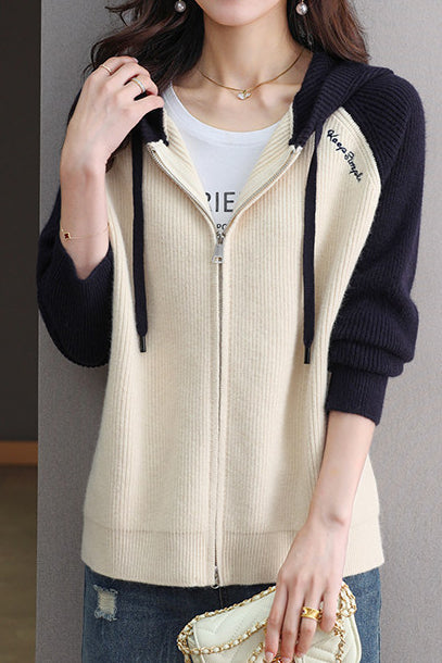 Casual Hooded Colorblock Drawstring Knit Cardigan - liwisi