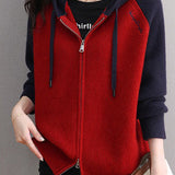 Casual Hooded Colorblock Drawstring Knit Cardigan - liwisi