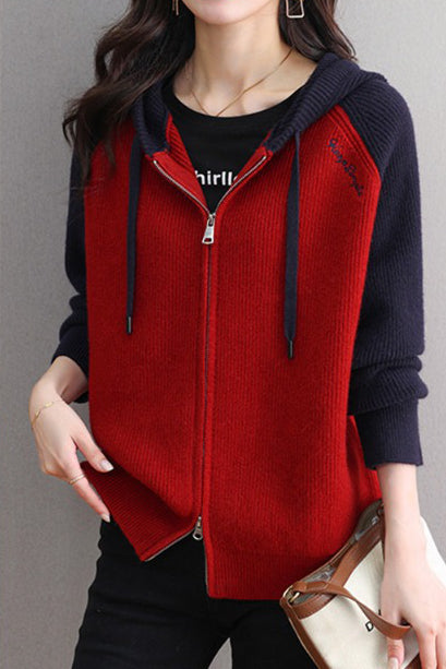 Casual Hooded Colorblock Drawstring Knit Cardigan - liwisi