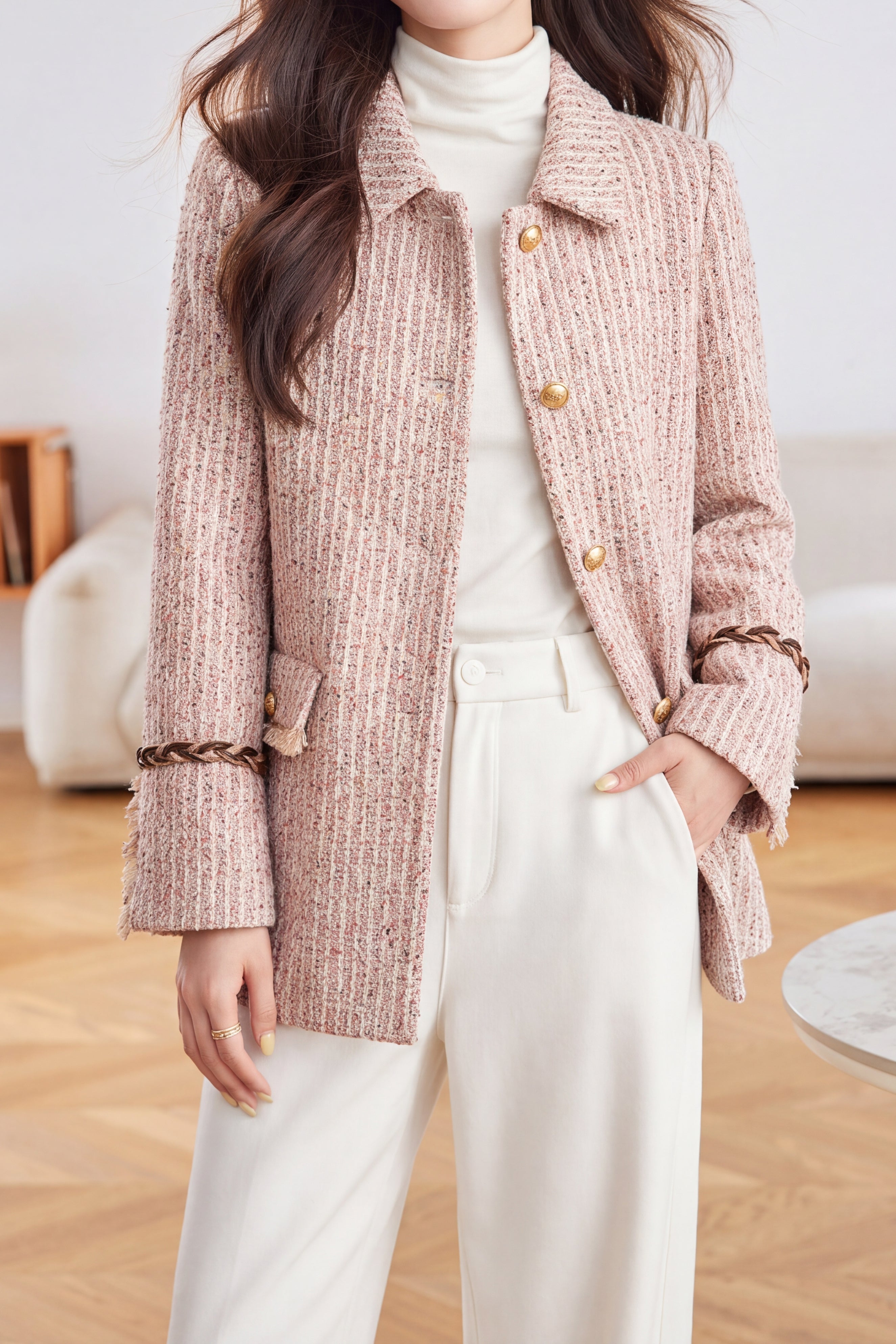 Chic Notched Collar Tweed Long Sleeve Jacket - liwisi