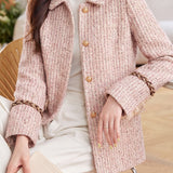 Chic Notched Collar Tweed Long Sleeve Jacket - liwisi