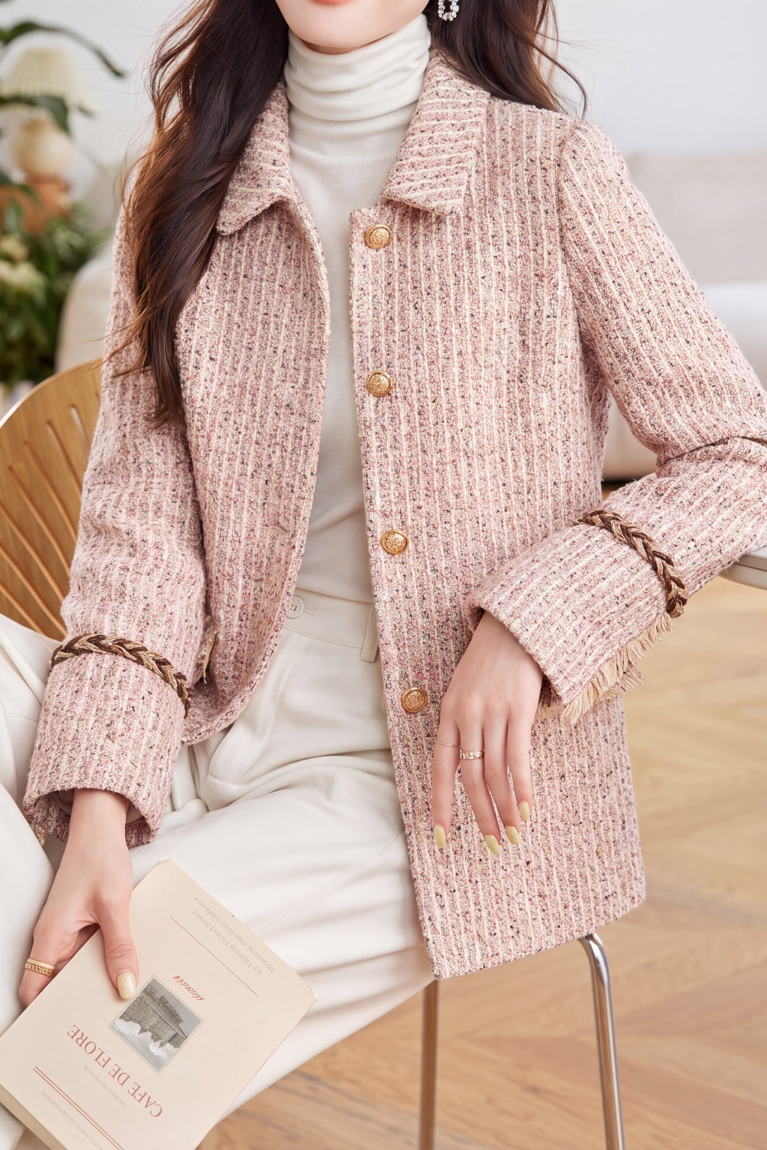 Chic Notched Collar Tweed Long Sleeve Jacket - liwisi