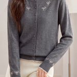 Chic Crew Neck Bow Embroidered Knit Cardigan - liwisi