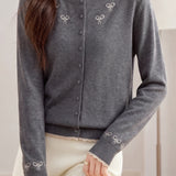 Chic Crew Neck Bow Embroidered Knit Cardigan - liwisi