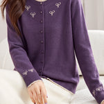 Chic Crew Neck Bow Embroidered Knit Cardigan - liwisi
