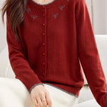 Chic Crew Neck Bow Embroidered Knit Cardigan - liwisi