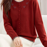 Chic Crew Neck Bow Embroidered Knit Cardigan - liwisi