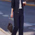 Casual Collared Denim Jacket and Wide Leg Pants Set - liwisi