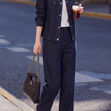 Casual Collared Denim Jacket and Wide Leg Pants Set - liwisi