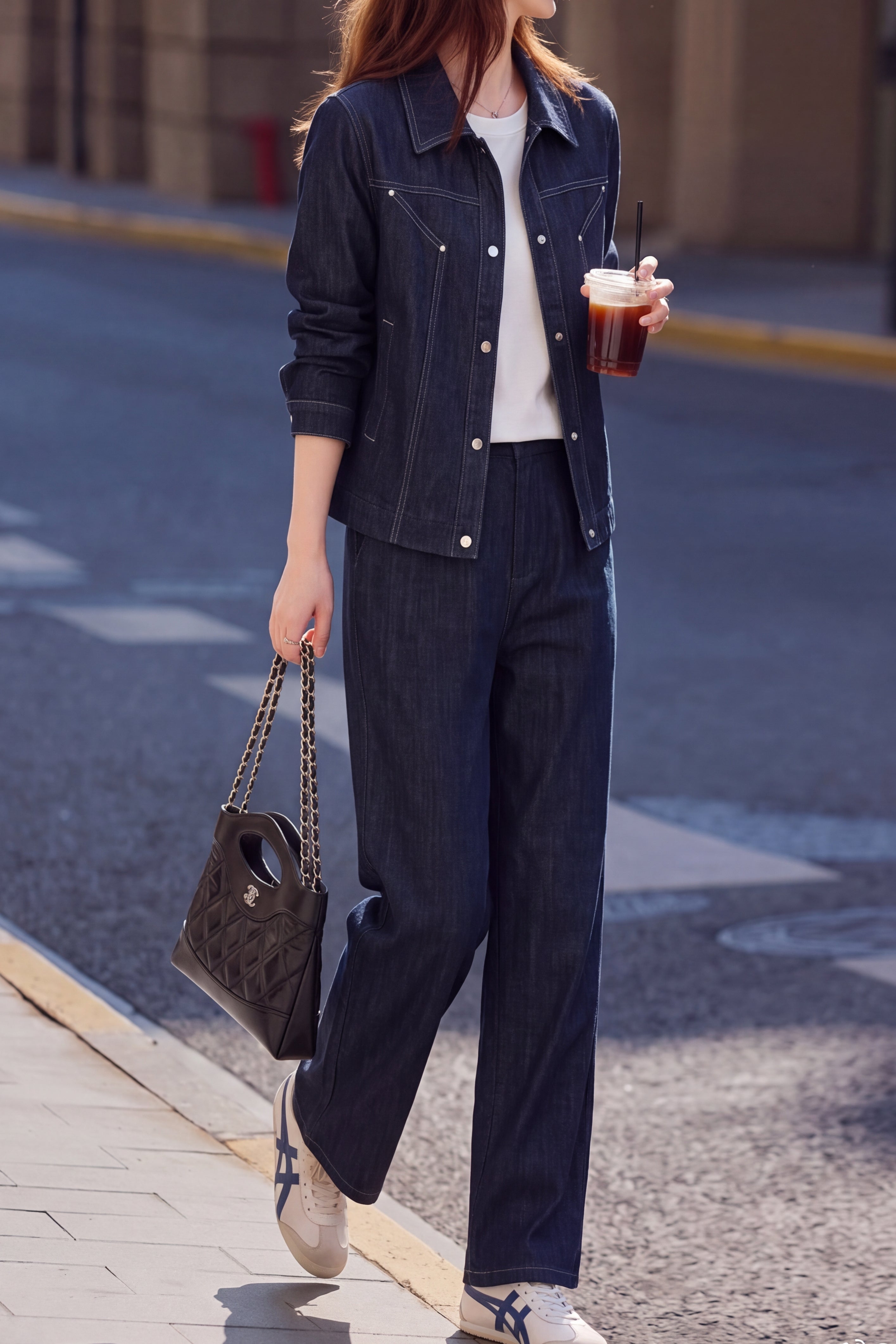 Casual Collared Denim Jacket and Wide Leg Pants Set - liwisi