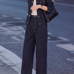 Casual Collared Denim Jacket and Wide Leg Pants Set - liwisi