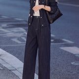 Casual Collared Denim Jacket and Wide Leg Pants Set - liwisi