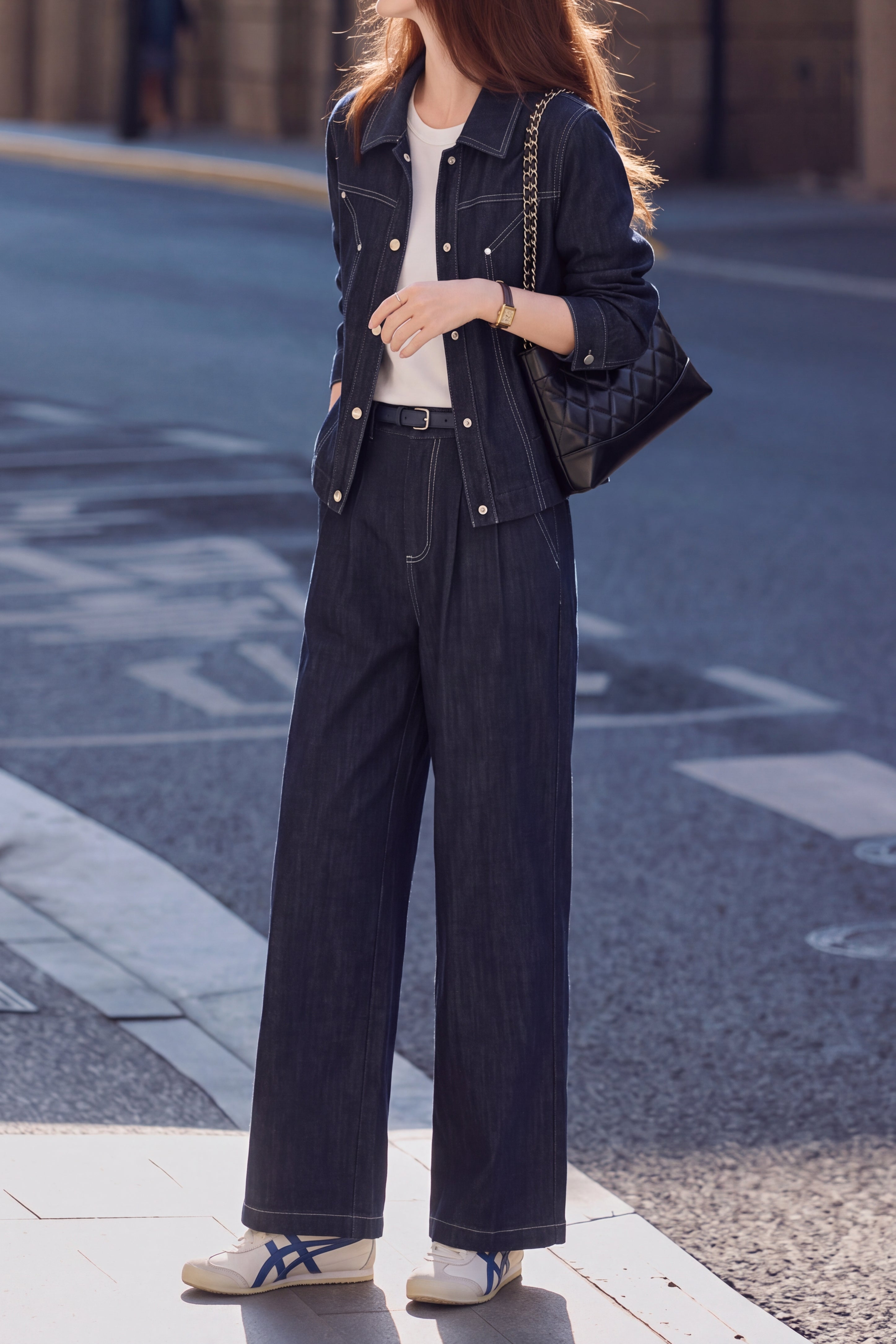 Casual Collared Denim Jacket and Wide Leg Pants Set - liwisi