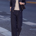 Casual Collared Denim Jacket and Wide Leg Pants Set - liwisi