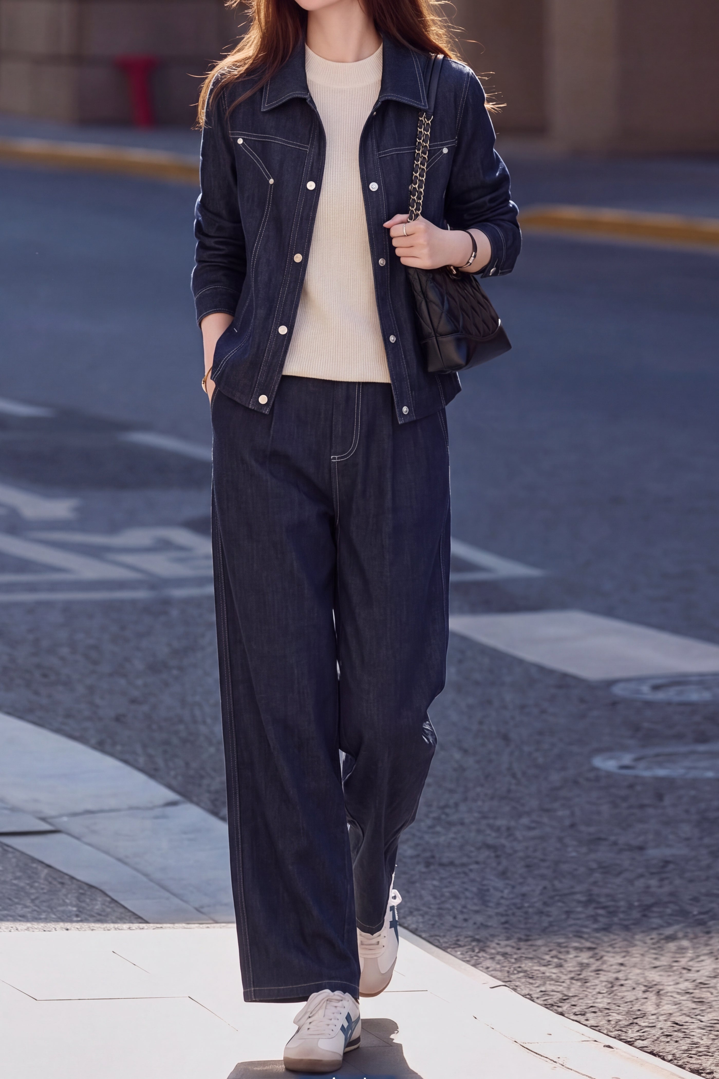 Casual Collared Denim Jacket and Wide Leg Pants Set - liwisi