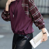 Casual Crew Neck Sweatshirt with Plaid Panels - liwisi