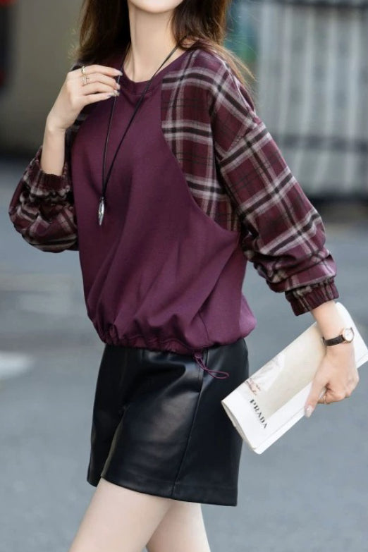 Casual Crew Neck Sweatshirt with Plaid Panels - liwisi