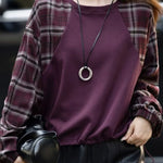 Casual Crew Neck Sweatshirt with Plaid Panels - liwisi