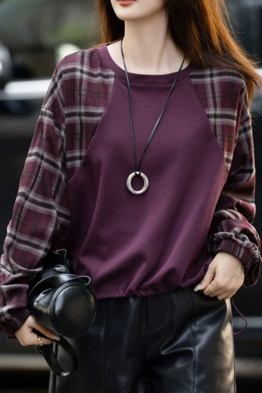Casual Crew Neck Sweatshirt with Plaid Panels - liwisi