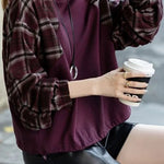 Casual Crew Neck Sweatshirt with Plaid Panels - liwisi