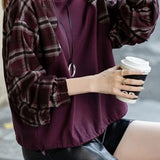 Casual Crew Neck Sweatshirt with Plaid Panels - liwisi