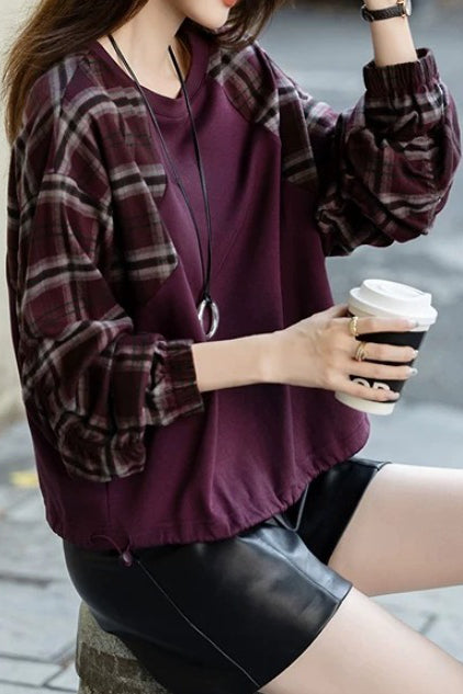 Casual Crew Neck Sweatshirt with Plaid Panels - liwisi