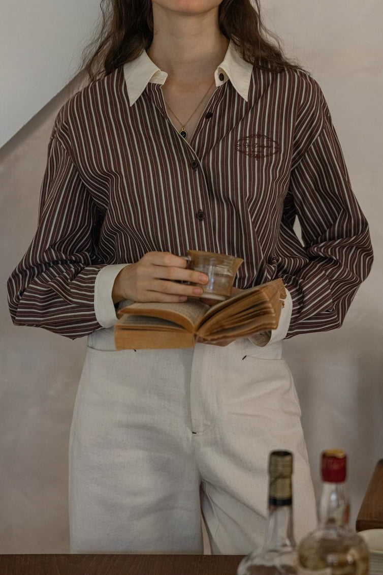 French Vintage Colorblock Collared Striped Long Sleeve Shirt - liwisi