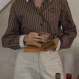 French Vintage Colorblock Collared Striped Long Sleeve Shirt - liwisi