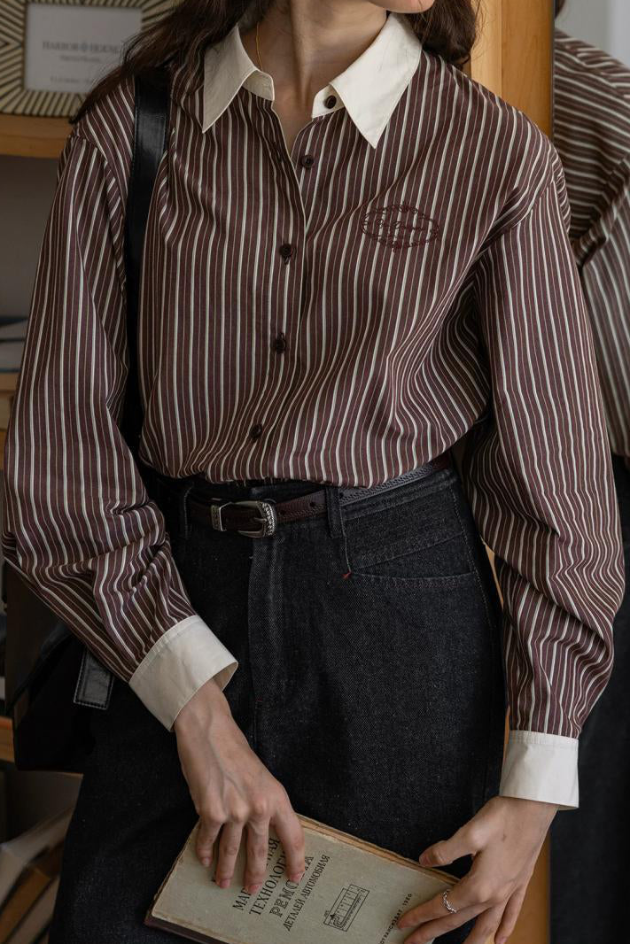 French Vintage Colorblock Collared Striped Long Sleeve Shirt - liwisi