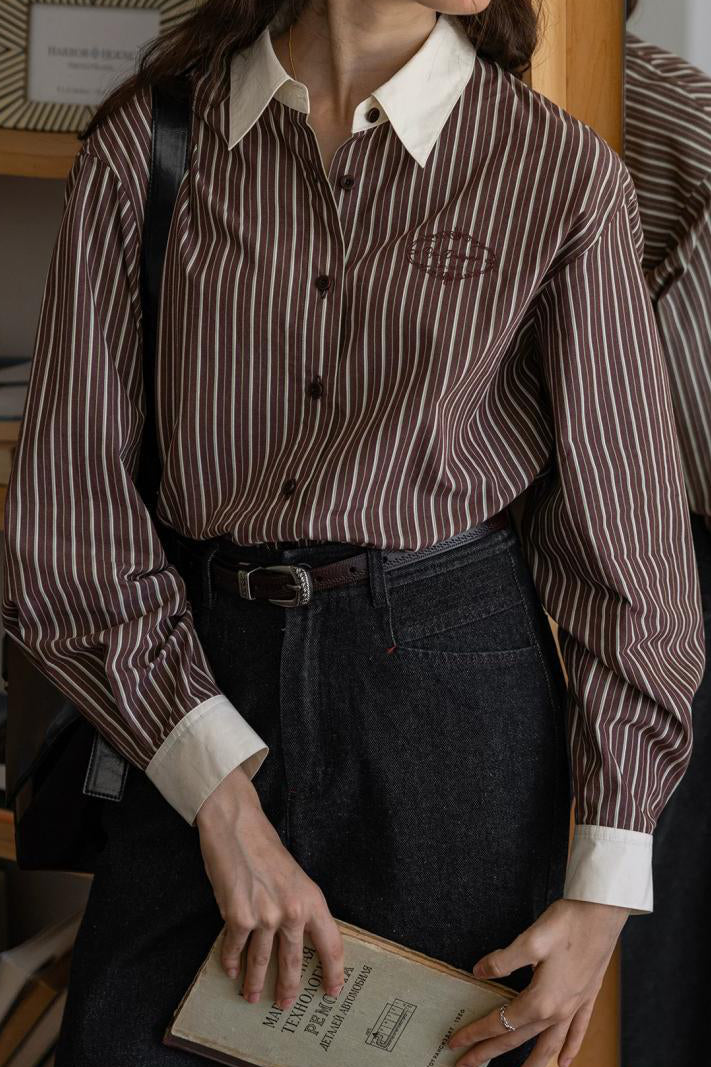 French Vintage Colorblock Collared Striped Long Sleeve Shirt - liwisi
