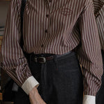 French Vintage Colorblock Collared Striped Long Sleeve Shirt - liwisi