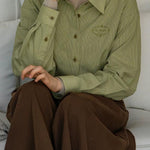 French Vintage Colorblock Collared Striped Long Sleeve Shirt - liwisi
