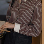 French Vintage Colorblock Collared Striped Long Sleeve Shirt - liwisi