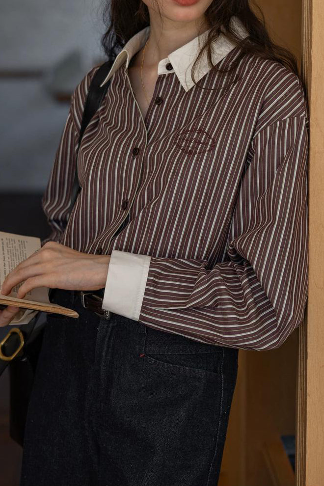 French Vintage Colorblock Collared Striped Long Sleeve Shirt - liwisi
