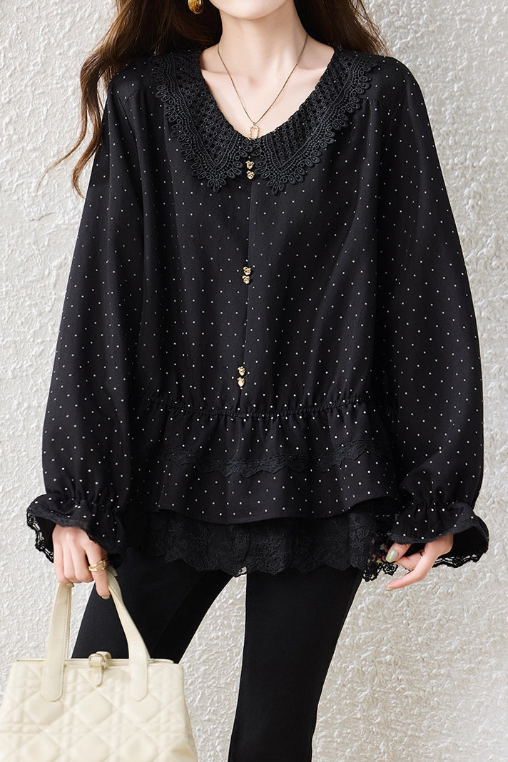 Elegant V-Neck Polka Dot Blouse with Lace Trim - liwisi