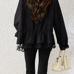 Elegant V-Neck Polka Dot Blouse with Lace Trim - liwisi