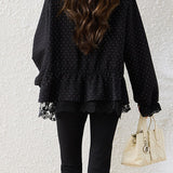 Elegant V-Neck Polka Dot Blouse with Lace Trim - liwisi