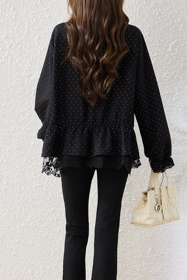 Elegant V-Neck Polka Dot Blouse with Lace Trim - liwisi