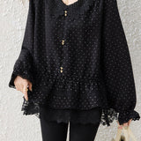 Elegant V-Neck Polka Dot Blouse with Lace Trim - liwisi