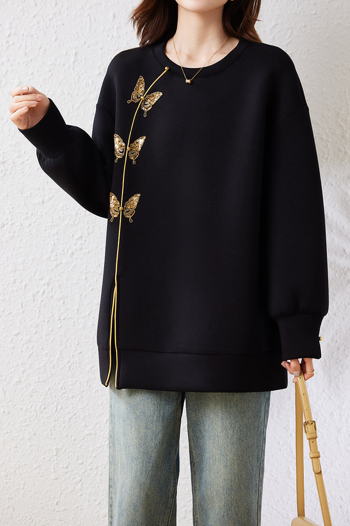 Chic Crew Neck Bow Embroidered Longline Sweatshirt - liwisi