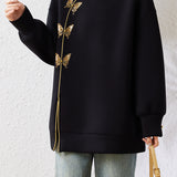 Chic Crew Neck Bow Embroidered Longline Sweatshirt - liwisi