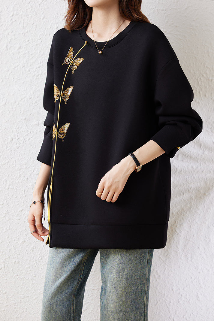 Chic Crew Neck Bow Embroidered Longline Sweatshirt - liwisi