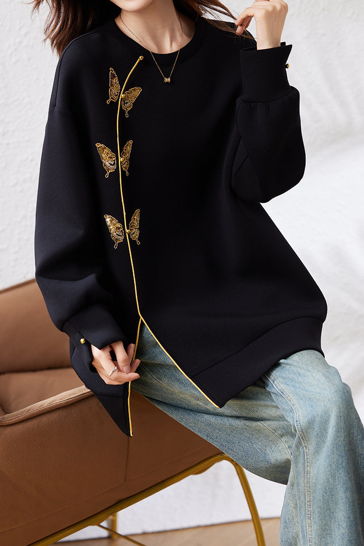 Chic Crew Neck Bow Embroidered Longline Sweatshirt - liwisi