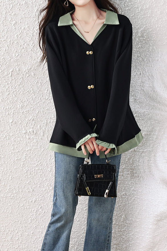 Chic Colorblock Collared Long Sleeve Shirt - liwisi
